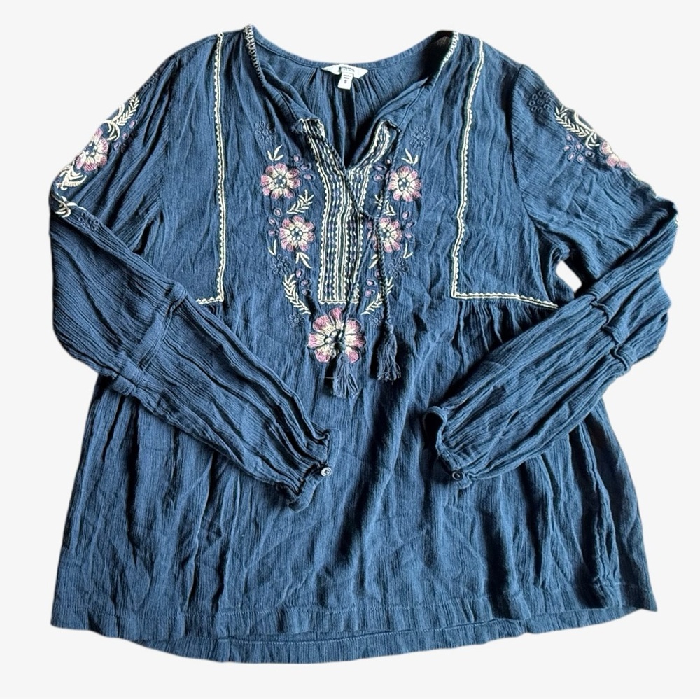 44) Sonoma Boho Hippie Blue Blouse Floral Embroidery Small